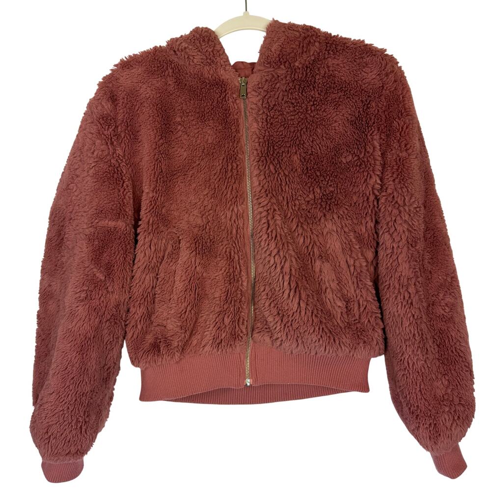 Love Tree Hooded Sherpa Teddy Bomber Jacket Women Size L Dusty Rose Pink